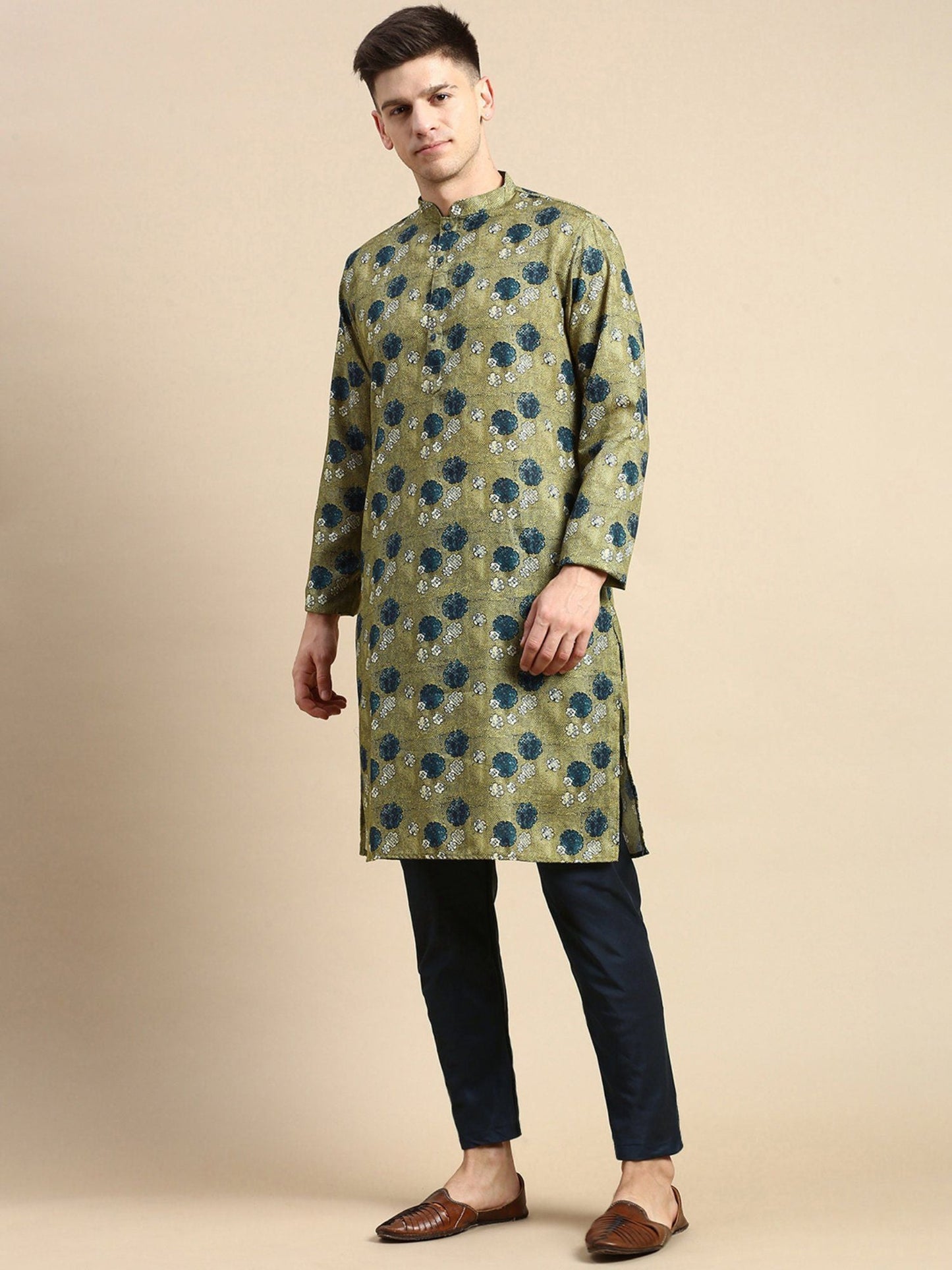 Amodh by Kisah Mens Olive Kurta Trousers (Set of 2)