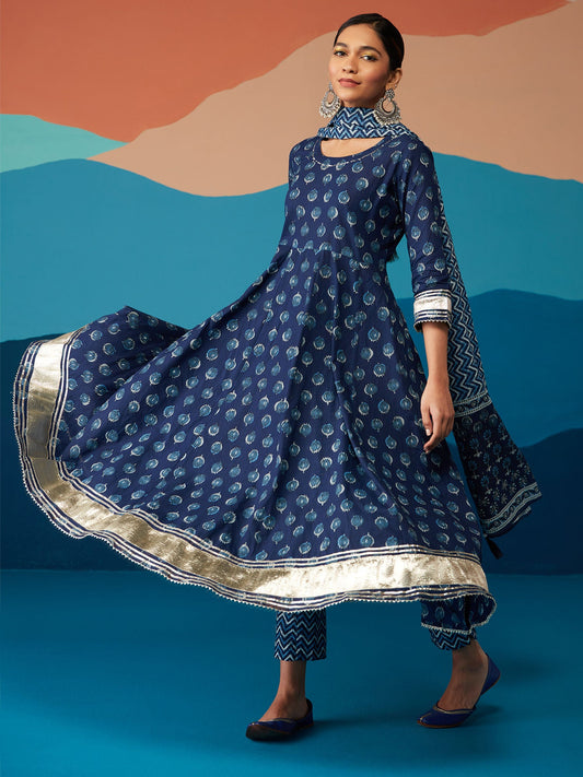 Likha Indigo Blue Jaipuri Printed Anarkali with Dupatta LIKSKD185 (Set of 3) - L