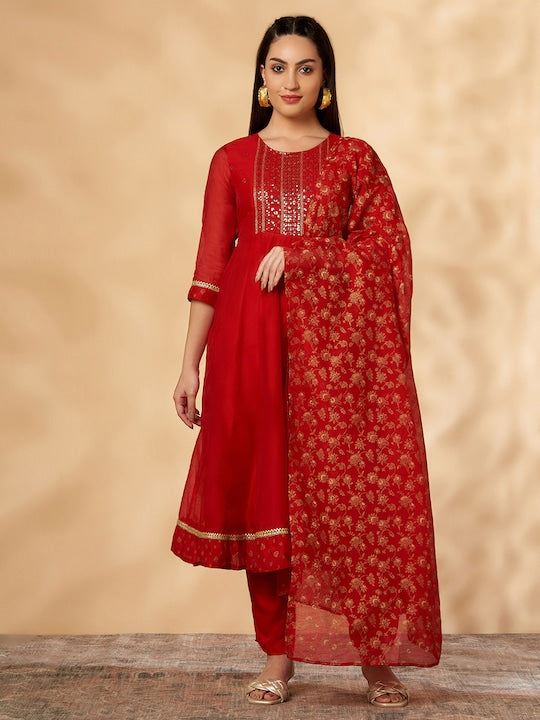 IMARA Yoke Design Sequinned Embroidered Chanderi Silk Kurta & Churidar With Dupatta