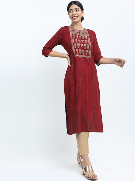 Vishudh Women Maroon Embroidered Yoke Design Straight Kurta