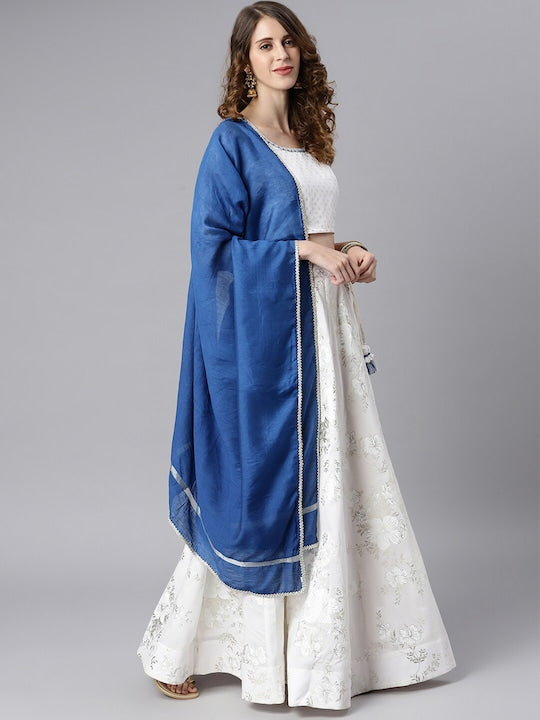 Janasya Women White Foil Floral Printed Lehenga Choli With Dupatta
