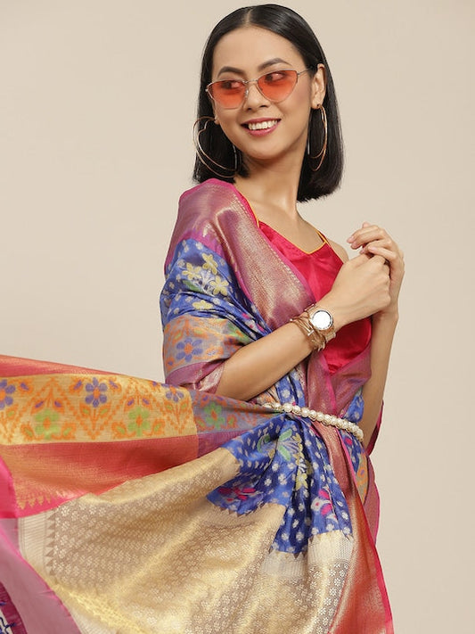 Silk Land Blue & Fuchsia Floral Ikat Saree