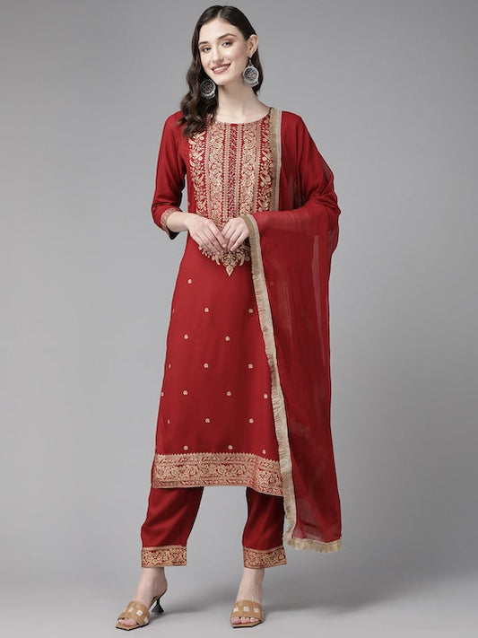 Yufta Red Ethnic Motifs Printed Kurta with Trousers & With Dupatta - M
