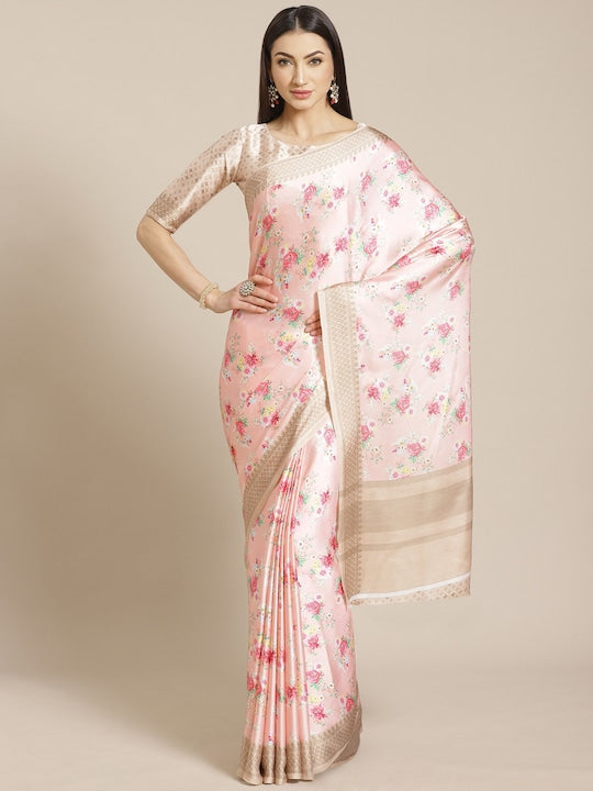 Saree mall Peach-Coloured & Golden Floral Printed Satin Finish Saree