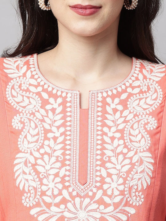 MomToBe Floral Yoke Design Notched Neck Thread Work Maternity Anarkali Kurta