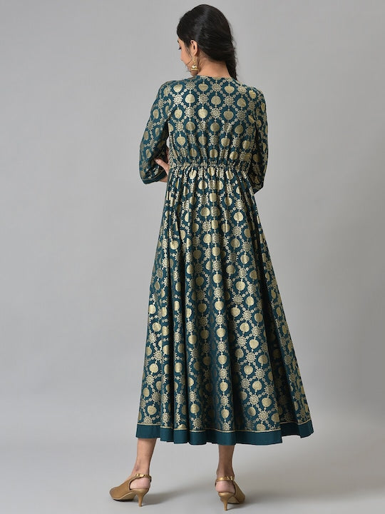 Aurelia Green Ethnic Motifs Cotton Maxi Dress