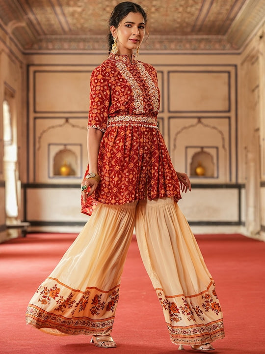 Scakhi Ethnic Motifs Printed A-Line Pleated Zari Silk Crepe Kurti With Sharara & Belt