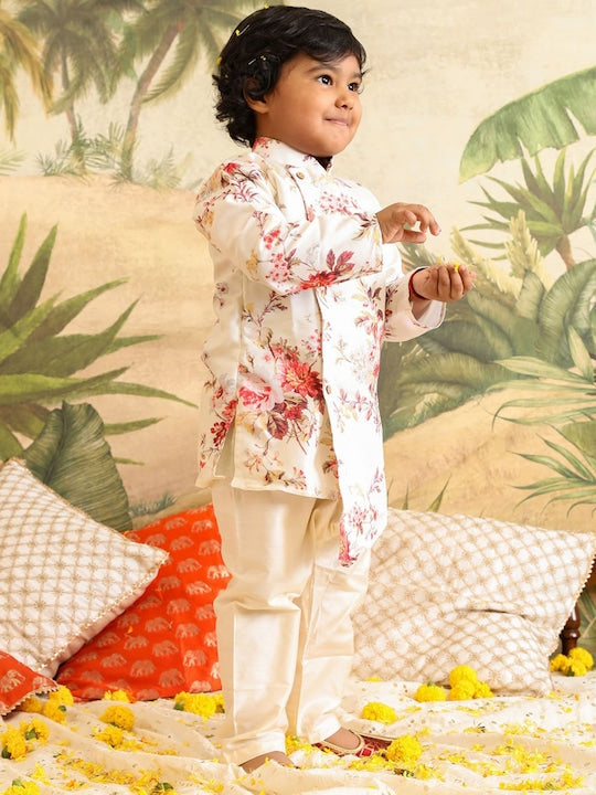Vastramay Sishu Boys Floral Printed Mandarin Angrakha Collar Long Sleeve Kurta Sets