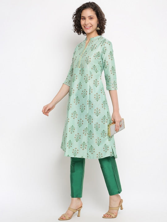 IMARA Floral Printed Mandarin Collar Sequined A-Line Kurta with Trousers