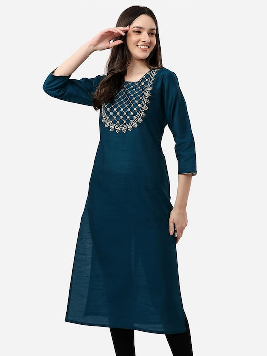 Here&now Women Teal Ethnic Motifs Embroidered Kurta