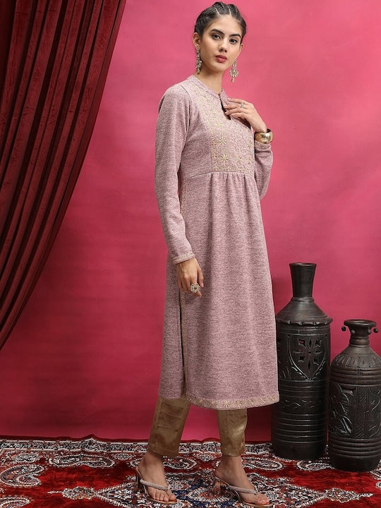 Vishudh Pink Floral Embroidered Mandarin Collar Kurta
