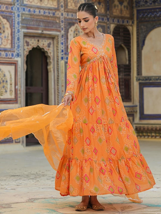 ScakhiI Bandhani Printed V-Neck Gathered Maxi Ethnic Dress With Dupatta