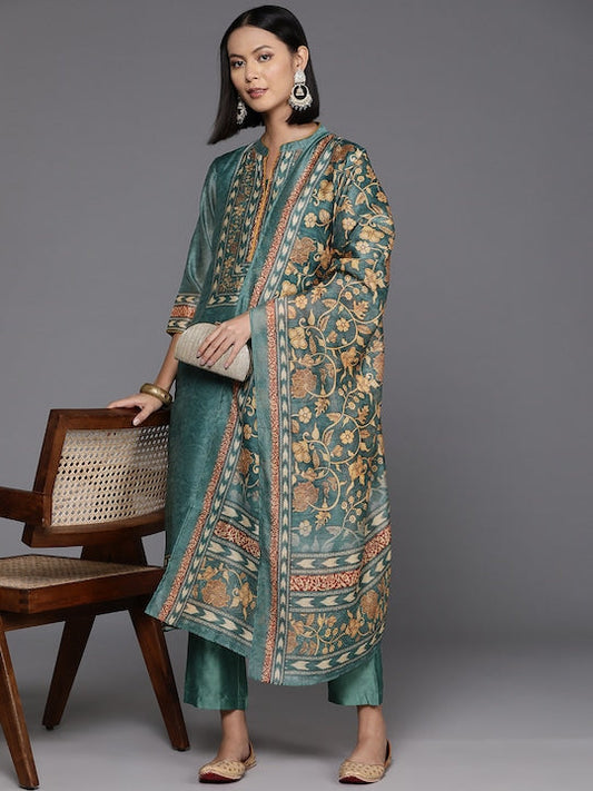 Varanga Women Floral Yoke Design Regular Chanderi Silk Kurta with Trousers & Dupatta