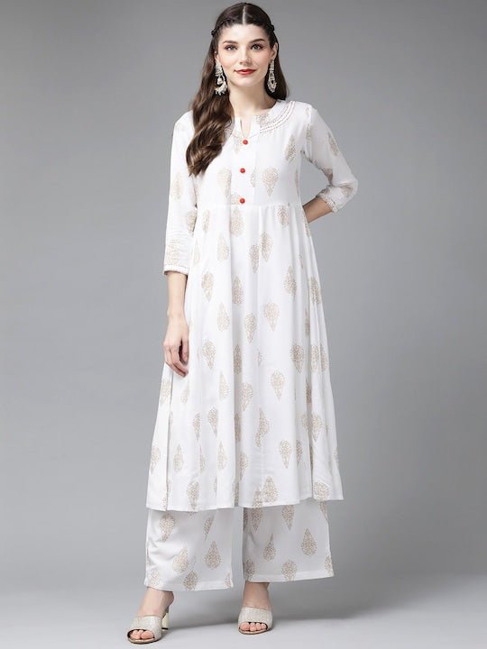 Yufta Women White Ethnic Motifs Printed Panelled Kantha Work Kurta With Palazzos