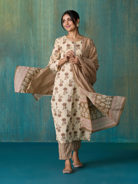 Likha Beige Jaipuri Printed Kurta Pant and Dupatta LIKSKD257 (Set of 3)