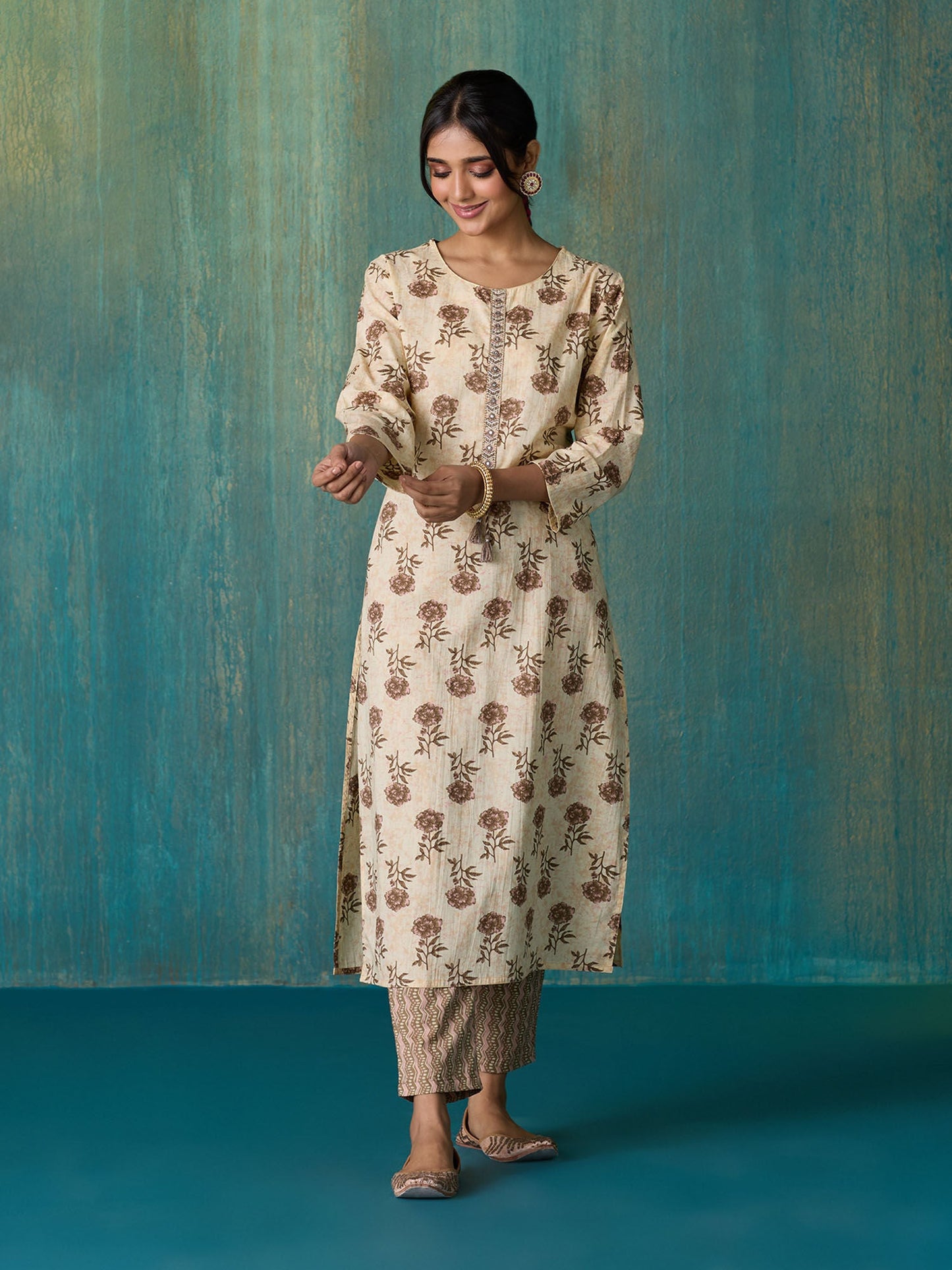 Likha Beige Jaipuri Printed Kurta Pant and Dupatta LIKSKD257 (Set of 3)