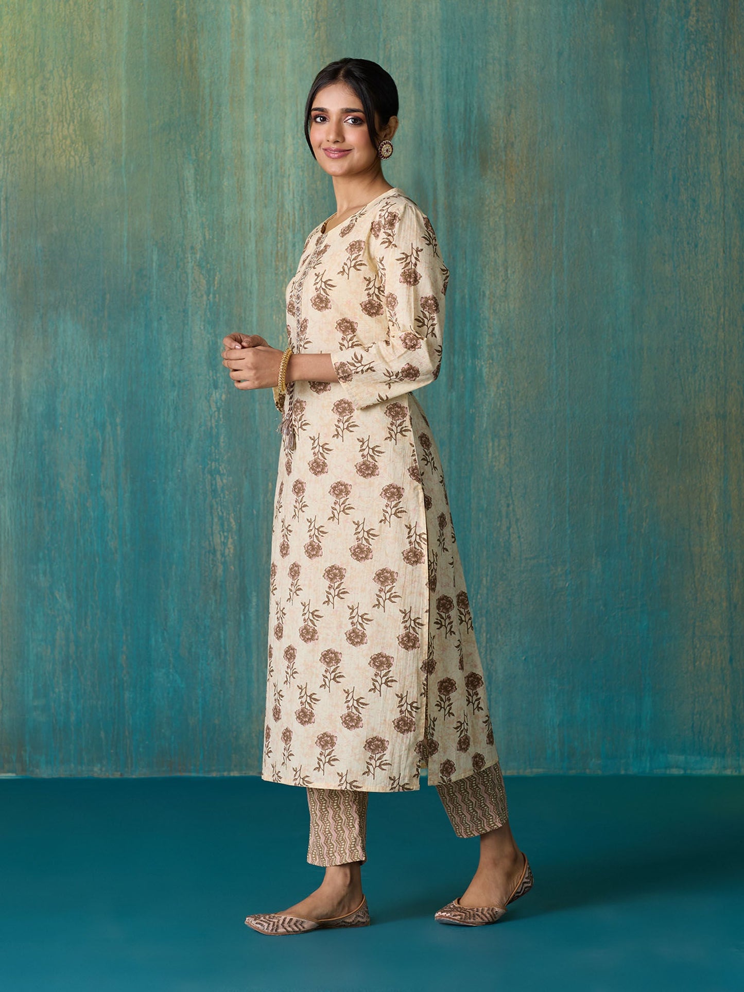 Likha Beige Jaipuri Printed Kurta Pant and Dupatta LIKSKD257 (Set of 3)