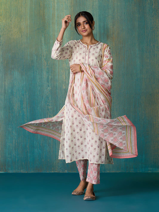 Likha Off White Sanganeri Printed Kurta Pant and Dupatta LIKSKD264 (Set of 3) - S