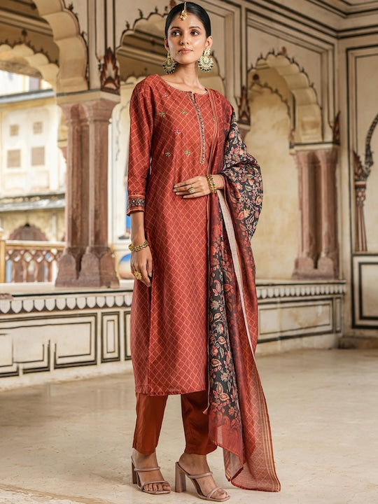 Scakhi Thread Work Chanderi Silk Kurta with Trousers & Dupatta
