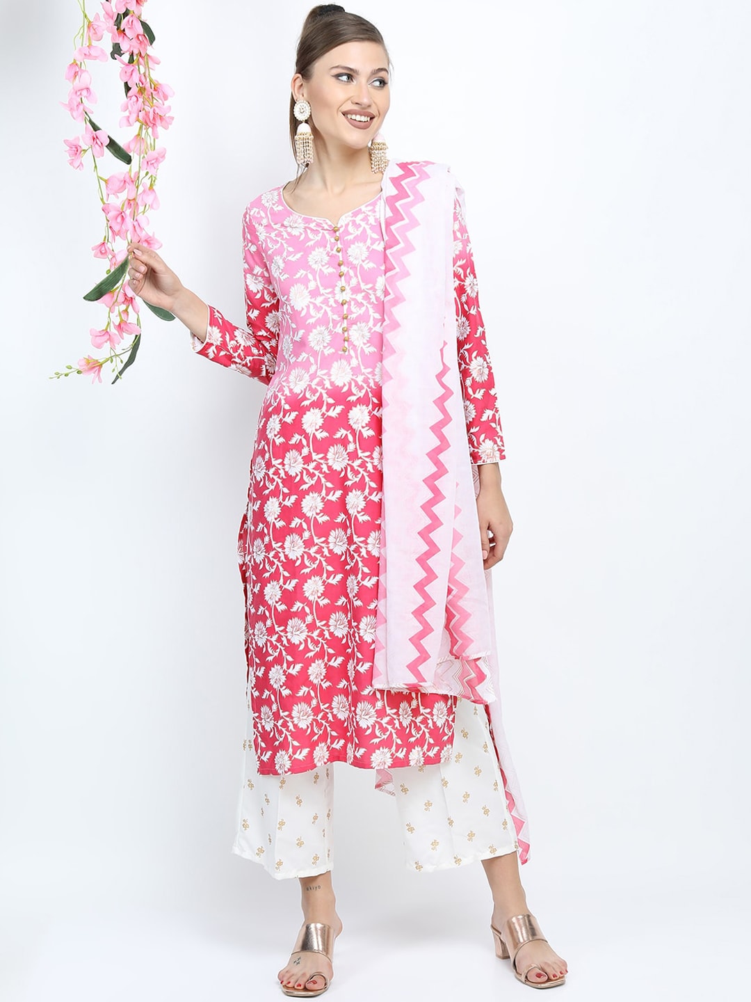 Vishudh Women Pink & White Floral Printed Kurta Palazzos & Dupatta