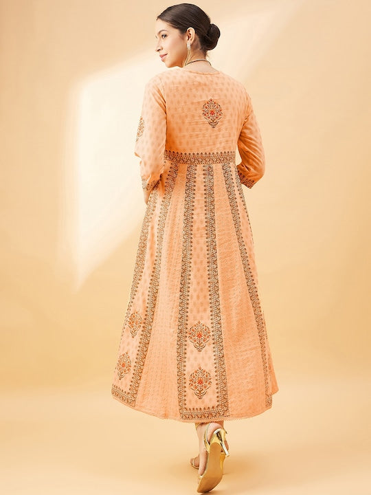 All about you Peach Coloured Ethnic Motifs Printed Round Neck Empire Cotton Midi Dress