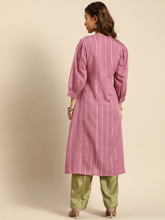 Sangria Women Tie-Up Neck Jacquard Sequinned Chanderi Silk Kurta