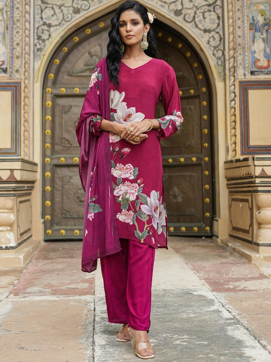 Scakhi Floral Printed Silk Crepe Kurta with Trousers & Dupatta