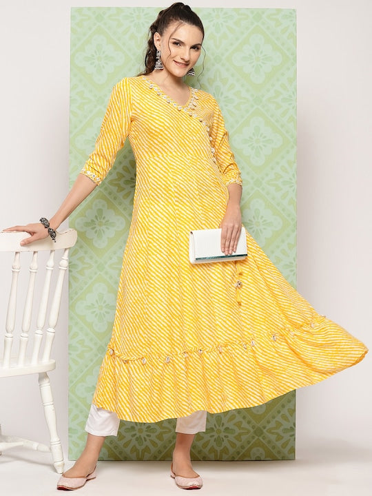 Yufta Leheriya Printed Mirror Work Anarkali Kurta
