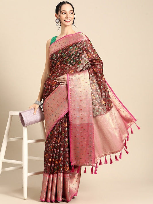 Silk Land Floral Printed Zari Banarasi Saree