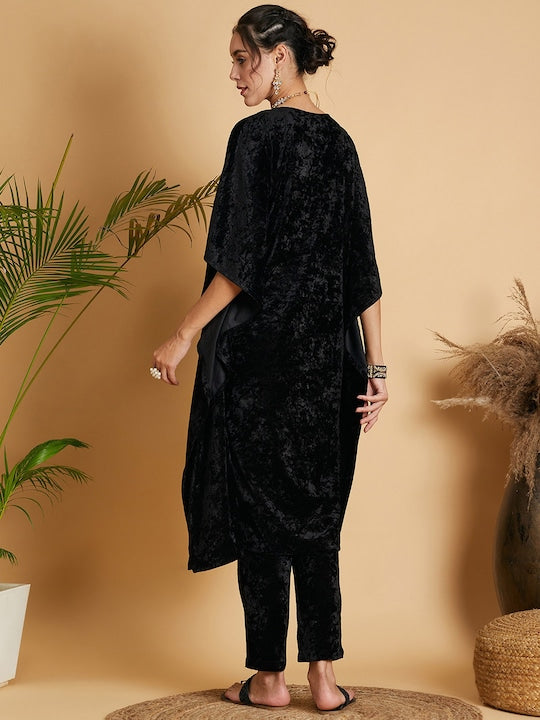 Shae by Sassafras Black Floral Yoke Design Extended Sleeves Sequinned Velvet Kurta