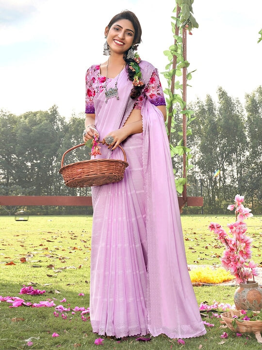 Satrani Lavender & Silver-Toned Striped Beads And Stones Saree