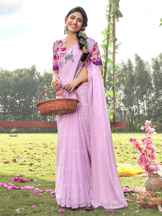 Satrani Lavender & Silver-Toned Striped Beads And Stones Saree