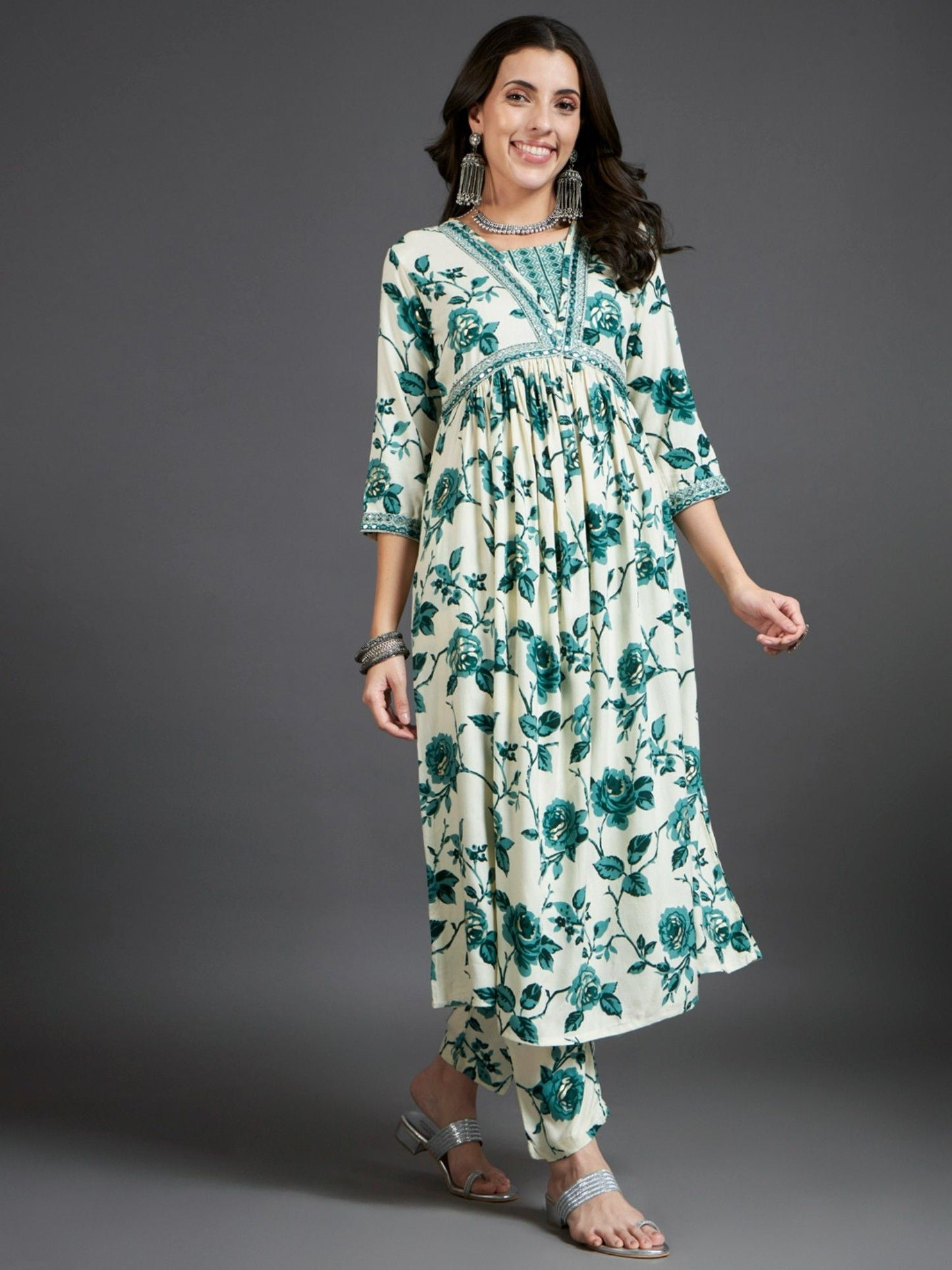 Heeposh Printed A-Line Kurta and Pants with Mulmul Printed Dupatta (Set of 3)