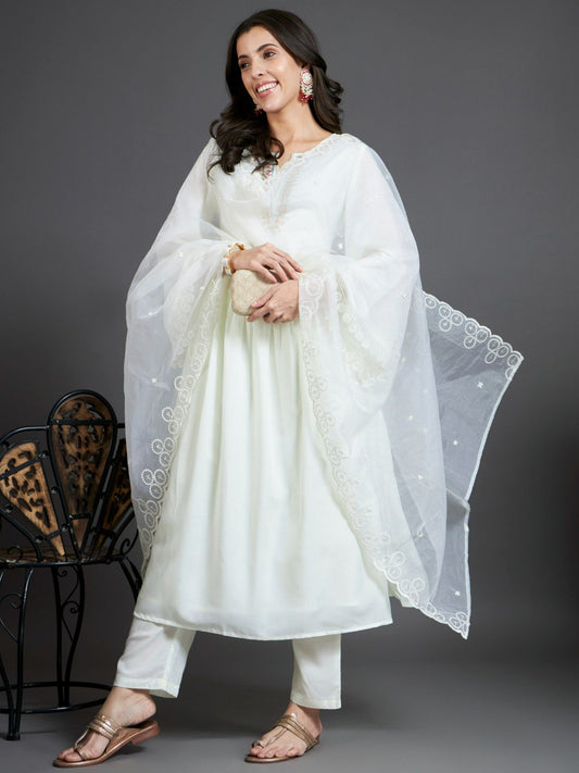 Heeposh White Embroidered Flared Kurta and Pants (Set of 3)