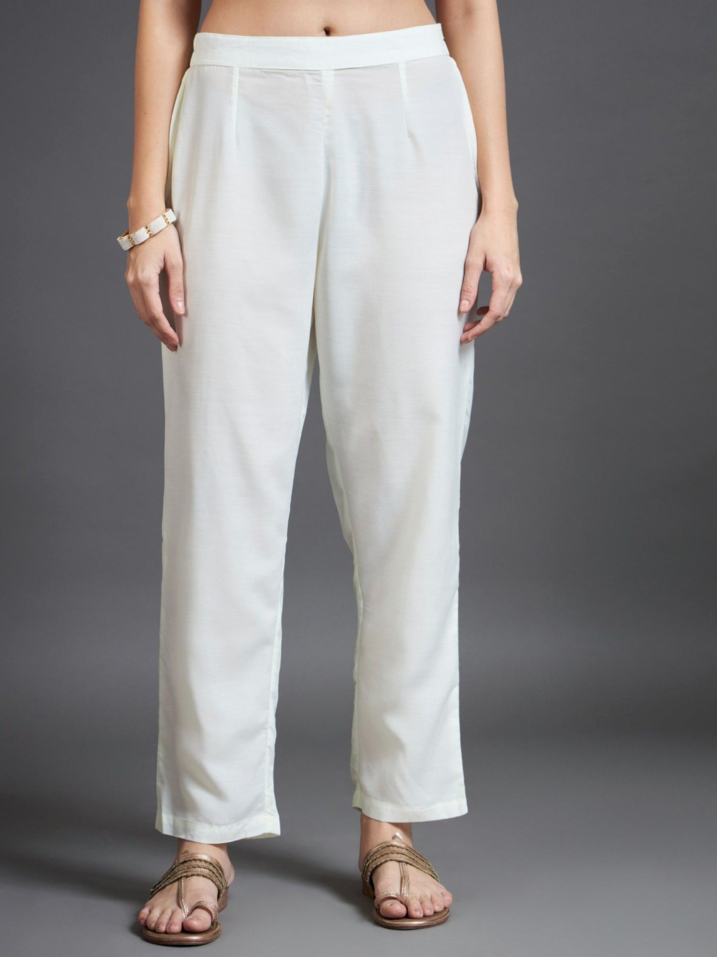 Heeposh White Embroidered Flared Kurta and Pants (Set of 3)