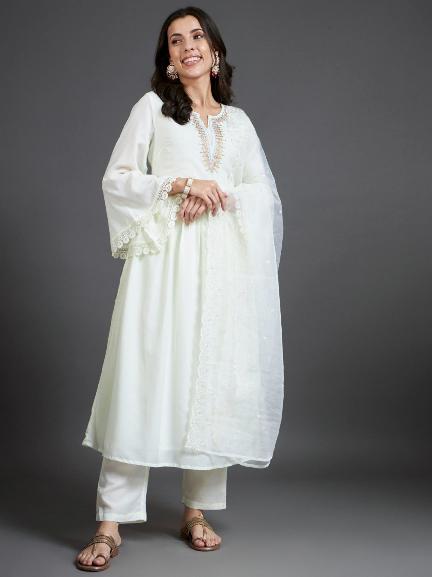 Heeposh White Embroidered Flared Kurta and Pants (Set of 3)