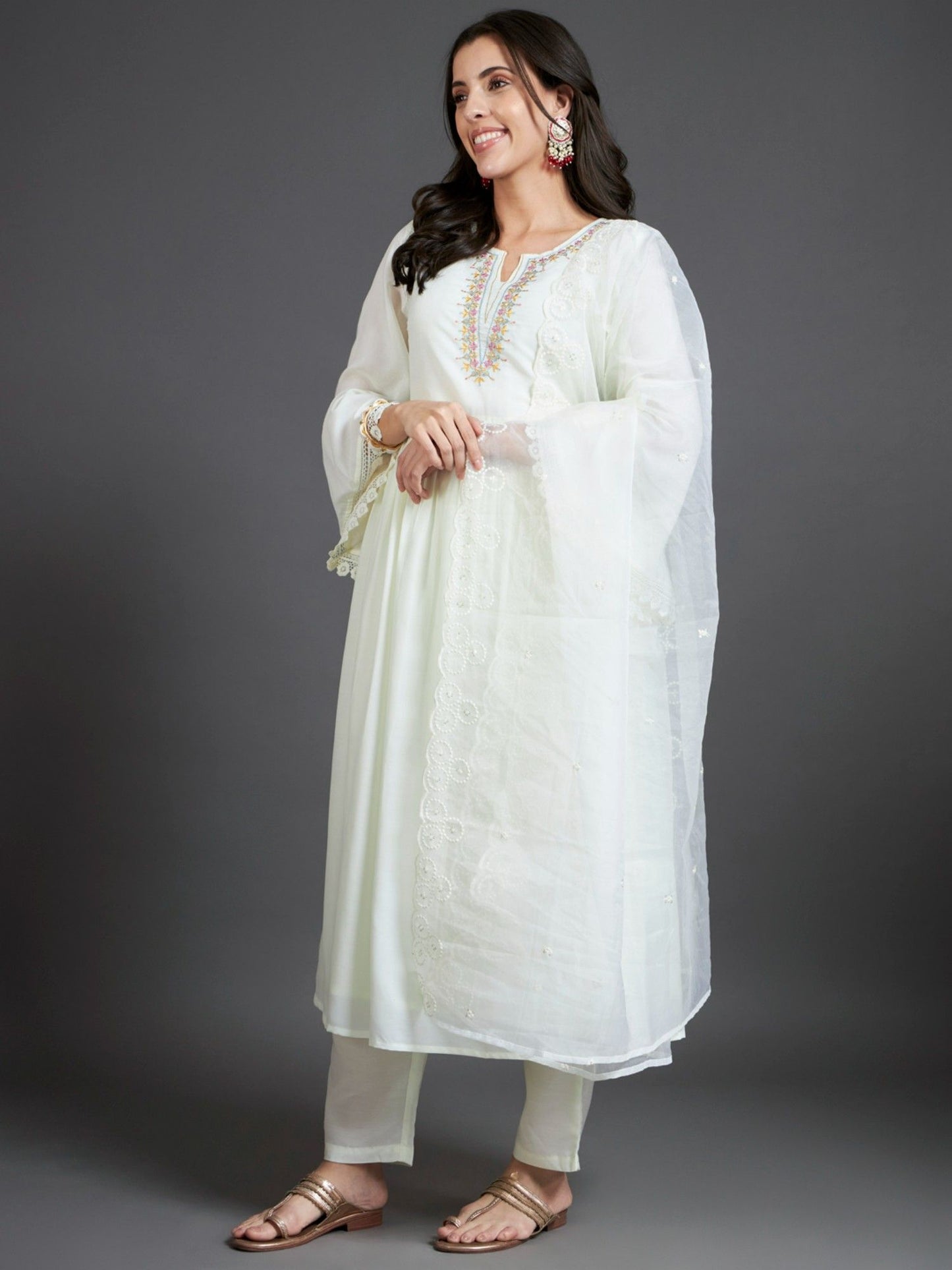 Heeposh White Embroidered Flared Kurta and Pants (Set of 3)