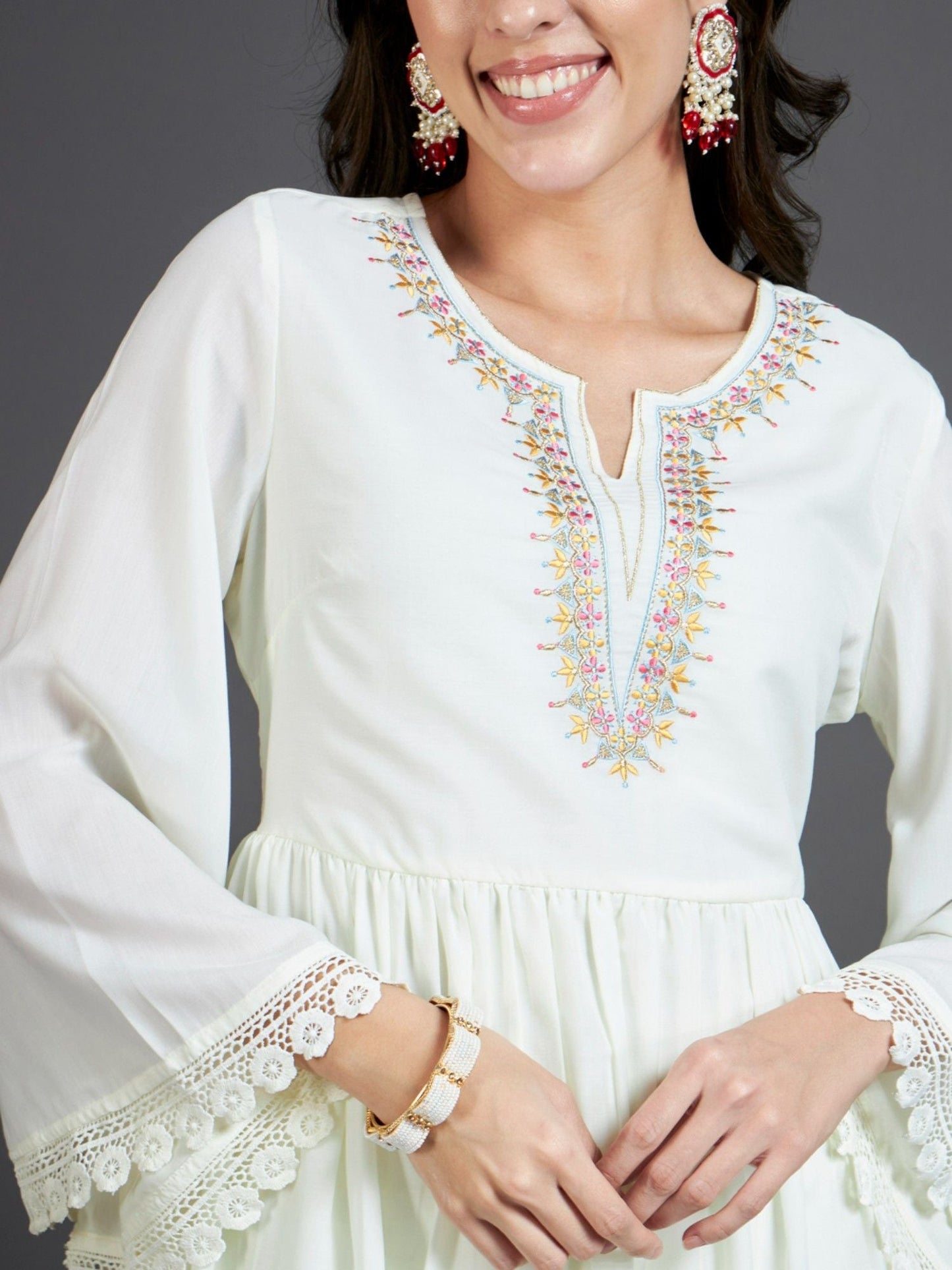 Heeposh White Embroidered Flared Kurta and Pants (Set of 3)