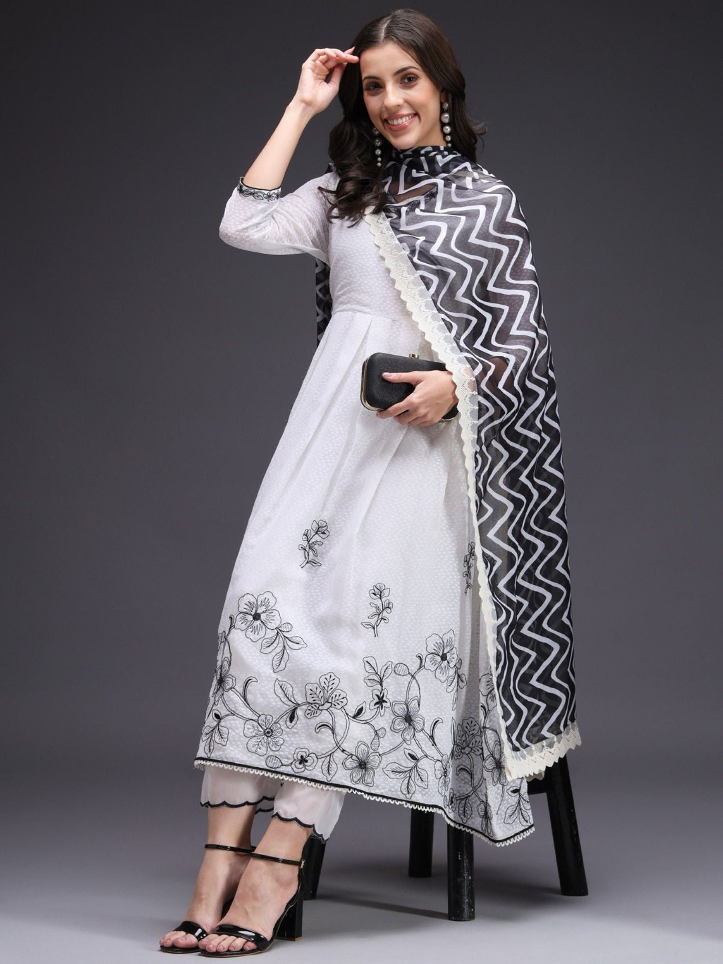 Heeposh White Dobby Weaved Embroidered Flared Kurta and Pants with Printed Dupatta (Set of 3)