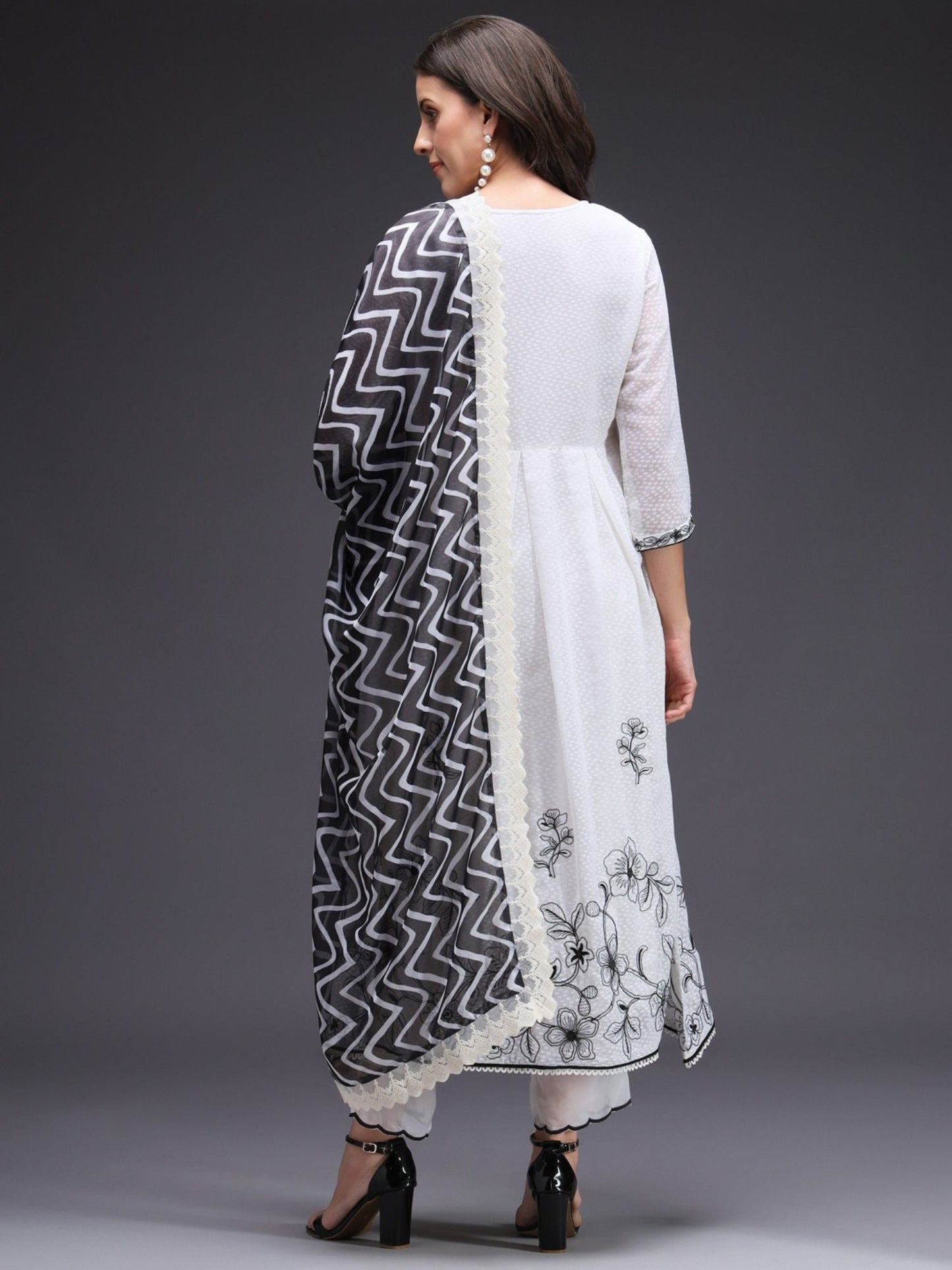 Heeposh White Dobby Weaved Embroidered Flared Kurta and Pants with Printed Dupatta (Set of 3)