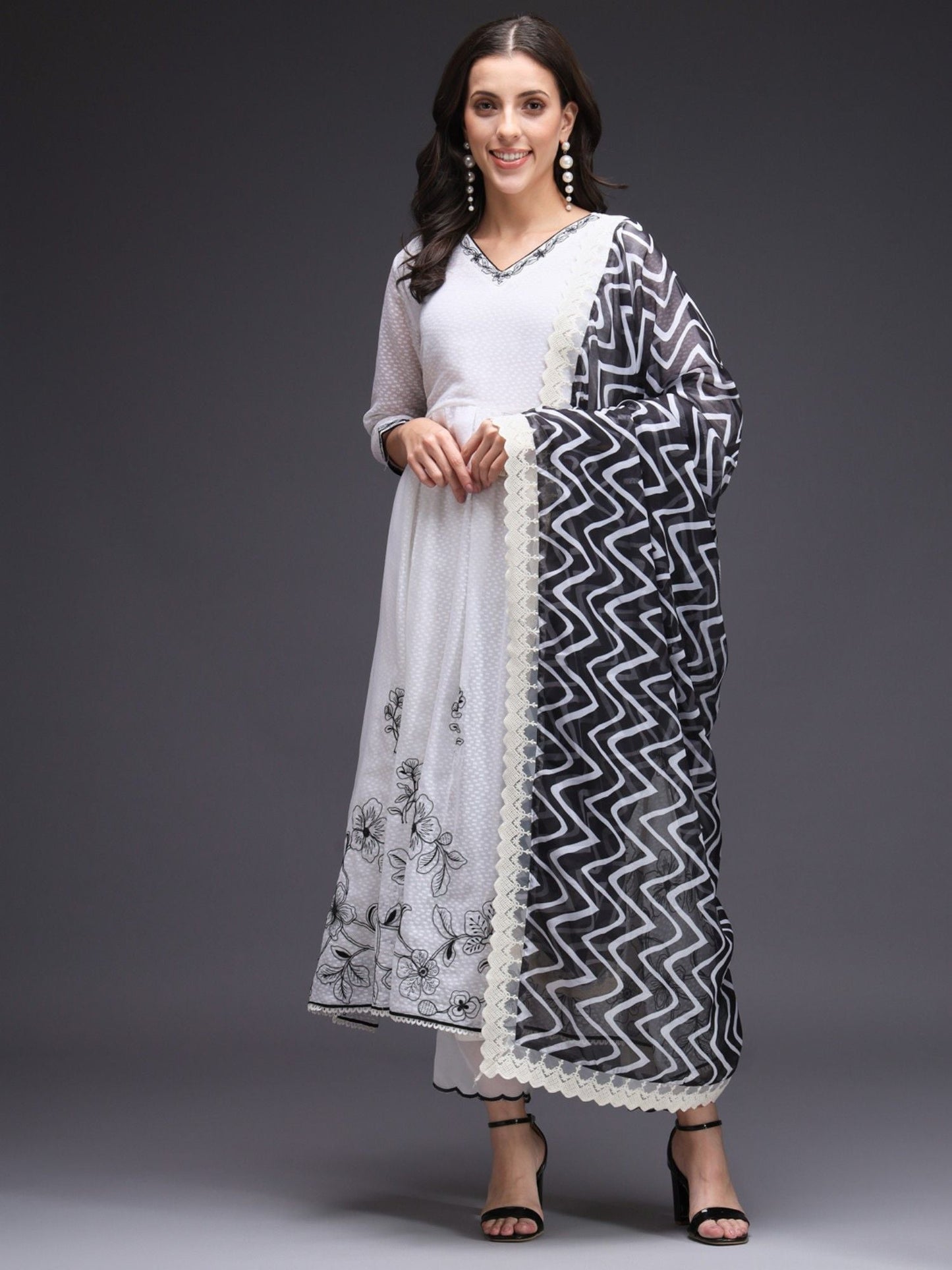 Heeposh White Dobby Weaved Embroidered Flared Kurta and Pants with Printed Dupatta (Set of 3)