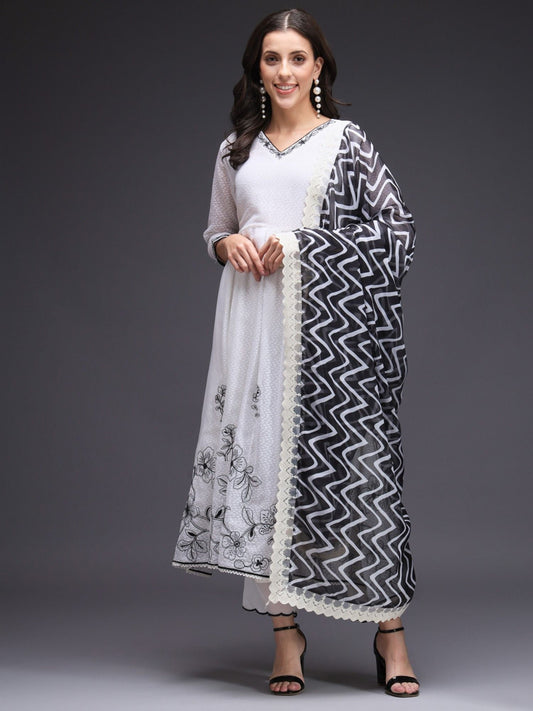 Heeposh White Dobby Weaved Embroidered Flared Kurta and Pants with Printed Dupatta (Set of 3)