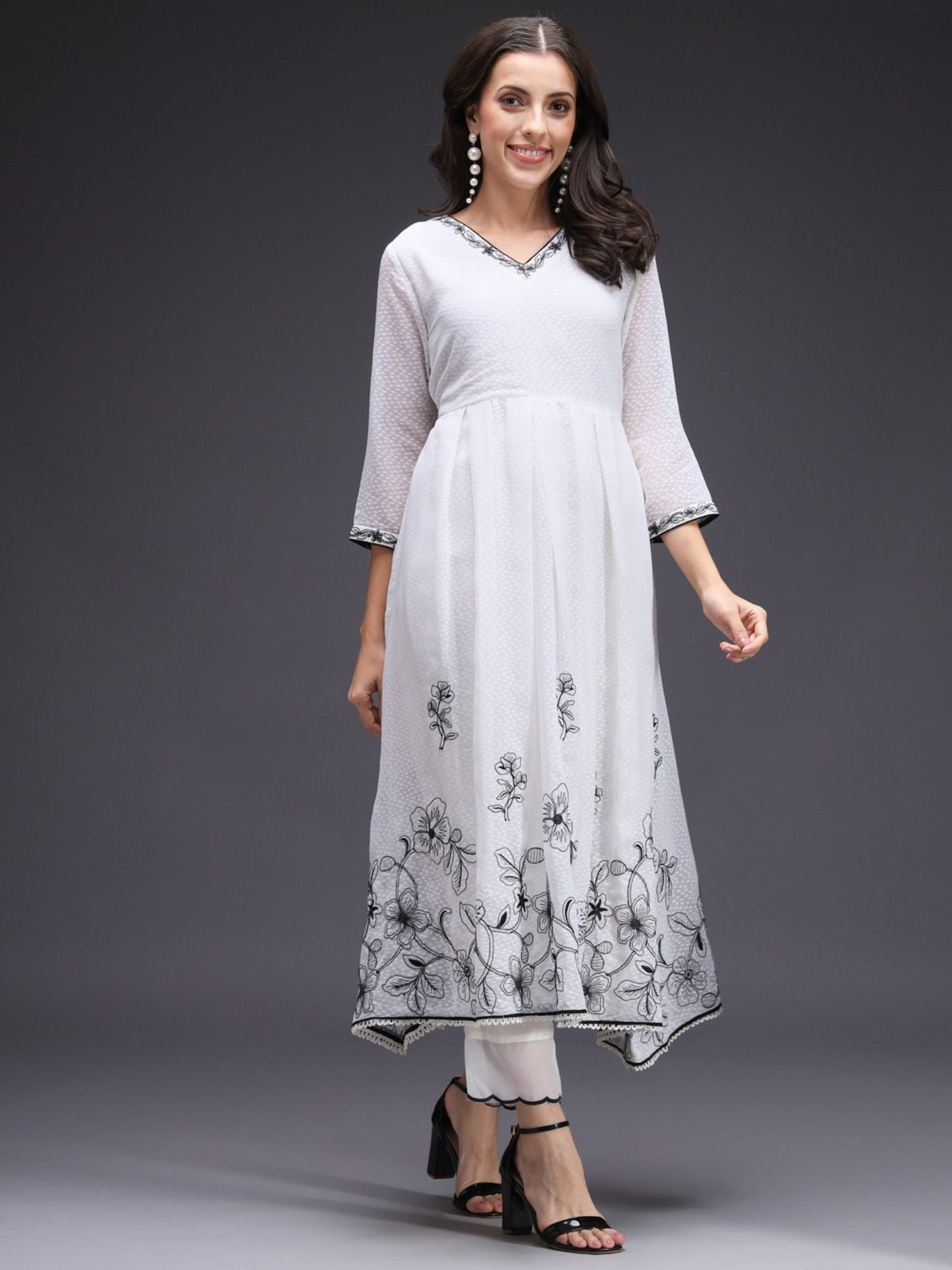 Heeposh White Dobby Weaved Embroidered Flared Kurta and Pants with Printed Dupatta (Set of 3)