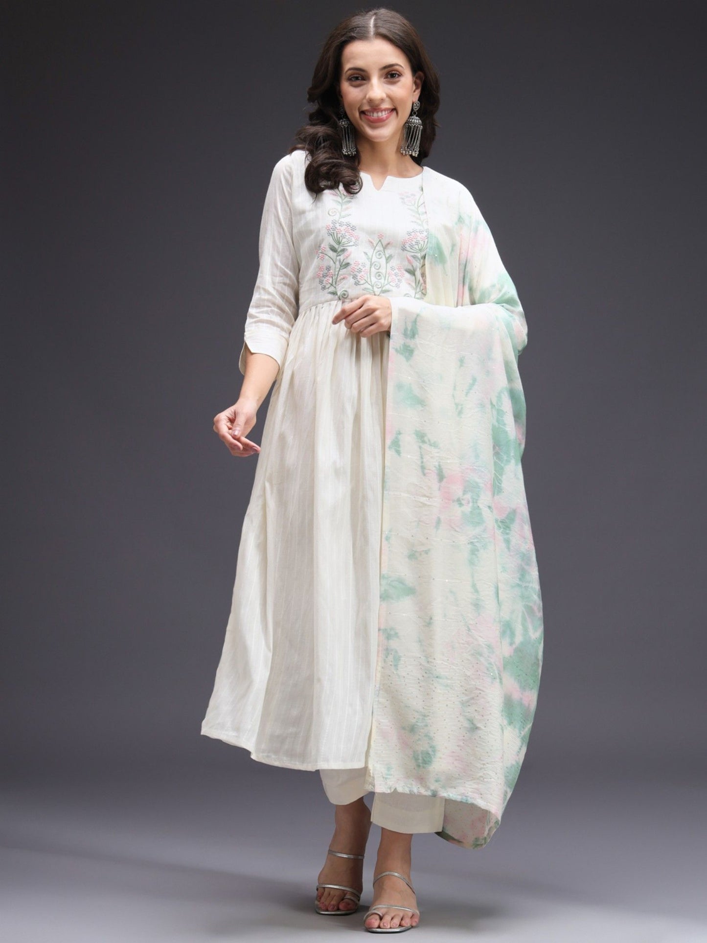 Heeposh Cream Cotton Weaved Kurta Pants with Shibori Mulmul Dupatta (Set of 3)