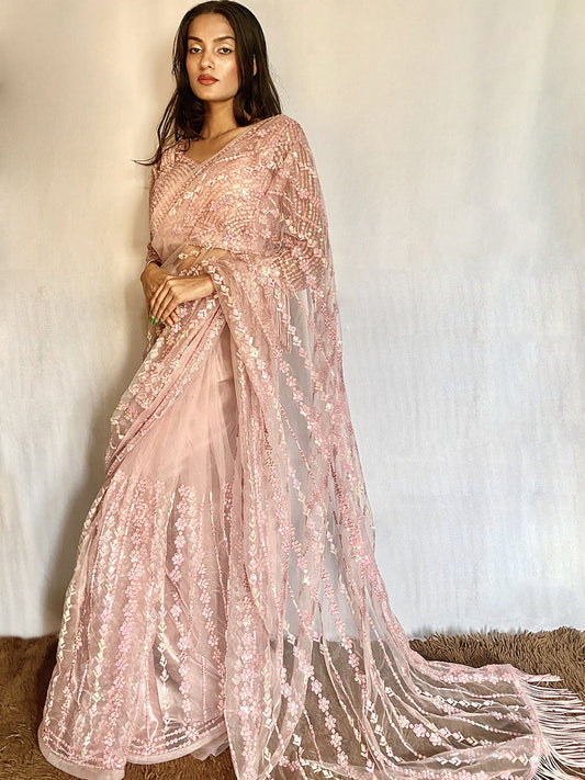 Odette Designer Pink Net Sequins Saree with Unstitched Blouse