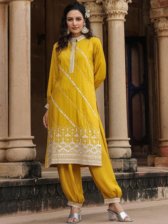 Scakhi Ethnic Motifs Embroidered Mirror Work Mandarin Collar Pure Silk Kurta With Patiala