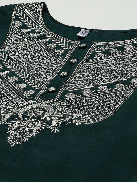 Yufta Women Teal Green Ethnic Motifs Yoke Design Sequinned Kurta with Sharara & Dupatta