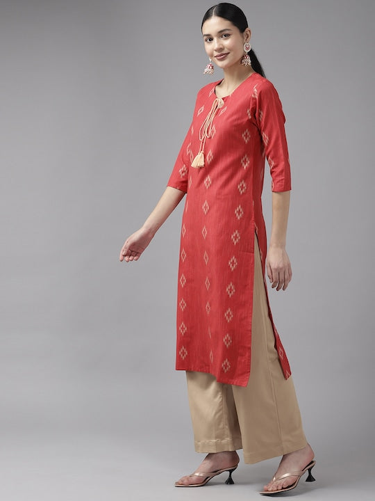 Yufta Women Woven Design Straight Kurta Red