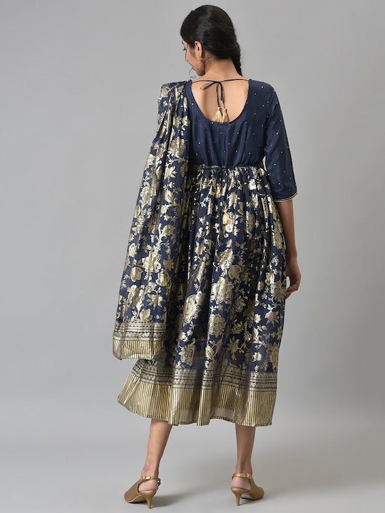 Aurelia Navy Blue Ethnic Motifs A-Line Midi Dress