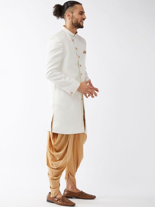 Vastramay Men White Rose Gold Sherwani